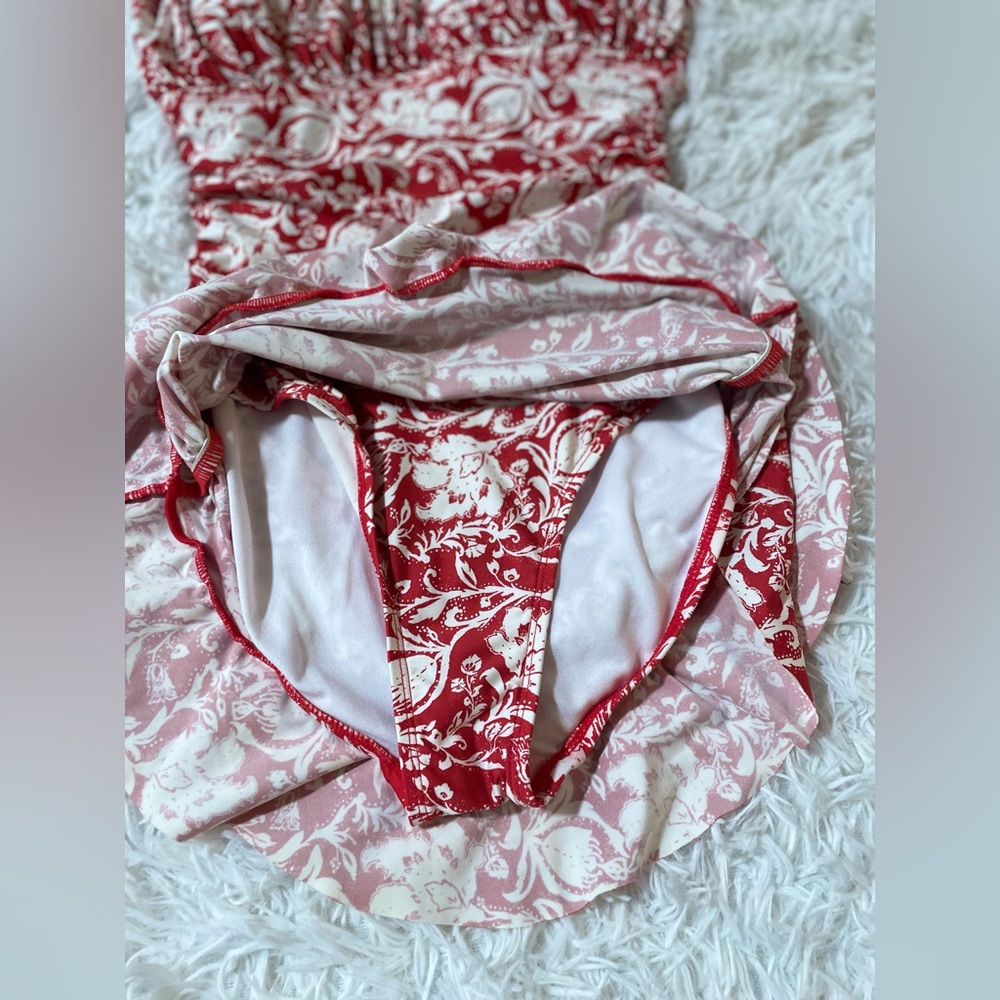 Kenneth Cole Resort Swim Dress One Piece Swimsuit Skirt Ruffle Floral Red S - Picture 5 of 11